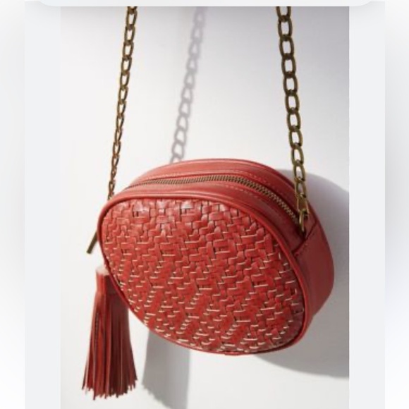 Anthropologie Woven Vegan Leather Chunky Chain TASSEL Crossbody Bag Red - Picture 1 of 12